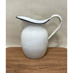 Antique White Enamelware Pitcher W Dark Blue Trim 7 Inch By 7 Inch
